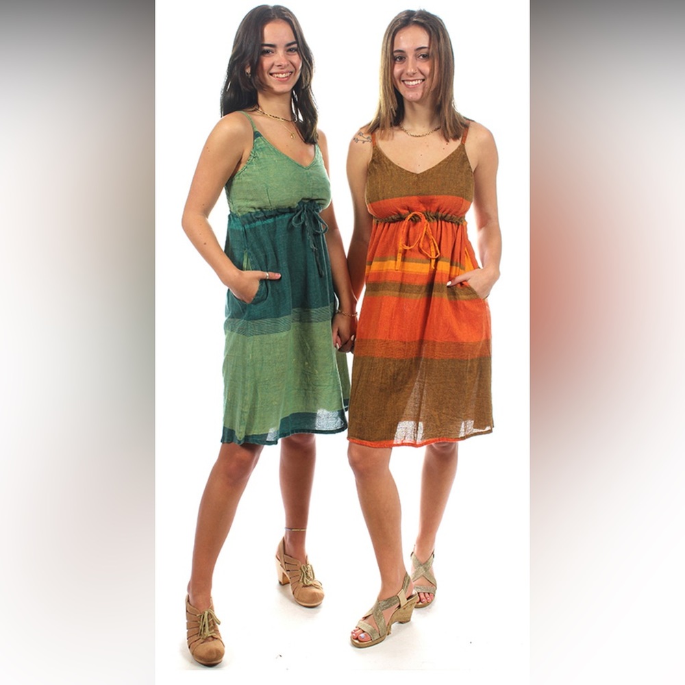 Jayli Hippie Clothing Cotton Gabby Dress Striped with Cinch Pockets SZ S